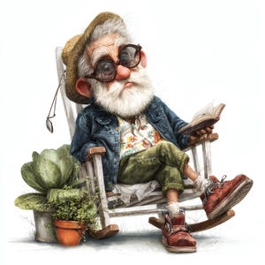 May include: Illustration of an elderly person with a long white beard, wearing a straw hat, glasses, and a denim jacket, relaxing in a wooden rocking chair while reading a book. Red boots and a floral shirt complete the outfit. A potted plant sits nearby.