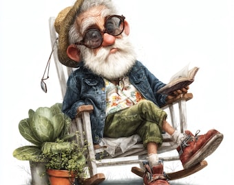 Quirky Character Illustration, Playful Man Reading Clipart, Funny Old Gentleman Design, Expressive Cartoon Artwork for Crafts and Branding