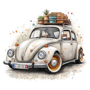 Puede incluir: Ilustración en acuarela de un Volkswagen Beetle blanco vintage con equipaje y plantas en macetas en el techo. El coche tiene ruedas de color naranja y una matrícula que dice "6-00-DI". El fondo presenta salpicaduras de pintura coloridas.