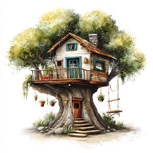 May include: Watercolor illustration of a whimsical treehouse. The treehouse features a wooden balcony, a chimney, and a swing. Hanging flower pots and lush green foliage surround the treehouse, creating a charming and inviting scene.