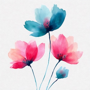May include: Watercolor painting of three flowers in shades of pink and teal blue. The flowers have delicate, translucent petals and dark stems. A small blue bud is also visible. The background is white.