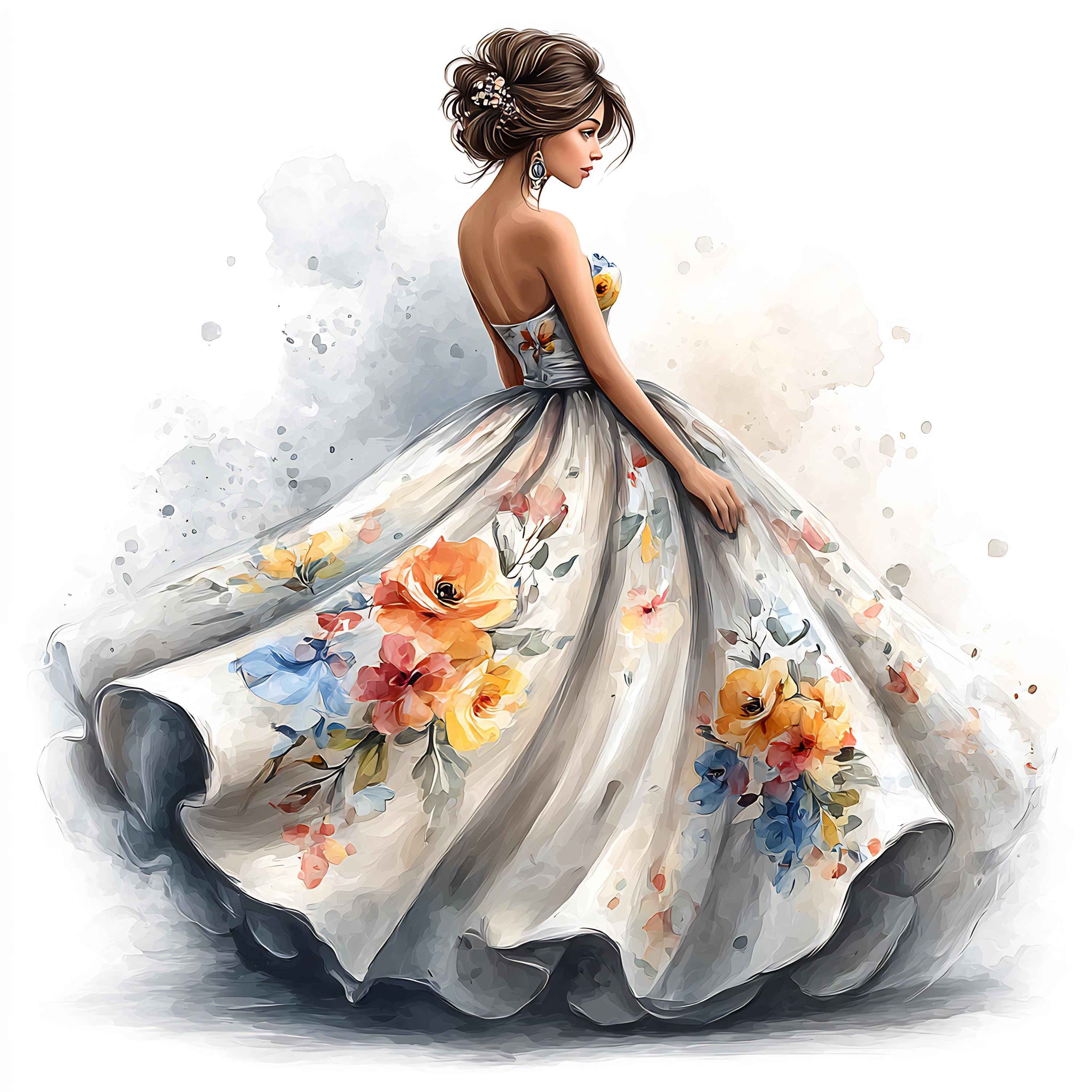 Elegant Evening Gown Watercolor Illustration, Glamorous Woman Art ...