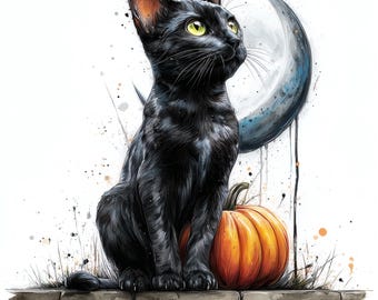 Arte de parede imprimível de Halloween com gato preto, decoração assustadora de abóbora e lua, pôster com estética gótica de outono, download digital