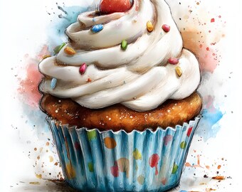 Realistic Cupcake Clipart, Watercolor Dessert Art, Sweet Bakery Wall Decor, Colorful Cupcake Illustration, Celebration Food Art
