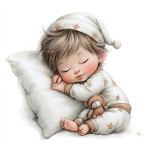 Könnte beinhalten: Illustration eines schlafenden Babys in einem weißen Schlafanzug mit Sternenmuster und passender Nachtmütze. Das Baby liegt auf einem weißen Kissen und hält einen kleinen Teddybären. Das Baby hat rosige Wangen und schläft friedlich.