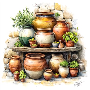 Puede incluir: Ilustración en acuarela de varias macetas y jardineras de cerámica, algunas con vegetación y aceitunas. Las macetas son en tonos marrón, beige y verde, dispuestas sobre una estantería de madera contra una pared de piedra. Tema mediterráneo rústico.