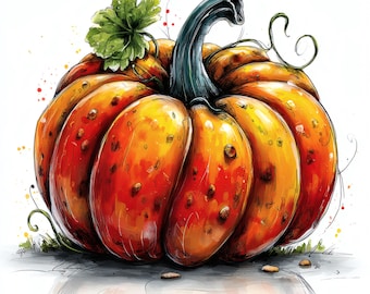 Pumpkin Wall Art Printable, Fall Kitchen Decor, Autumn Harvest Illustration, Thanksgiving Decor Digital Download