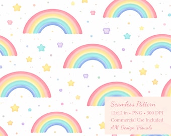 Pastel Rainbow Seamless Pattern, Watercolor Nursery Print (12x12 PNG)