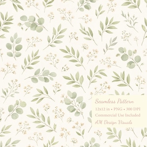 Può includere: Un motivo senza cuciture con illustrazioni ad acquerello di foglie di eucalipto verdi e piccoli fiori bianchi su sfondo crema. Il design include il testo "Seamless Pattern" e altri dettagli.