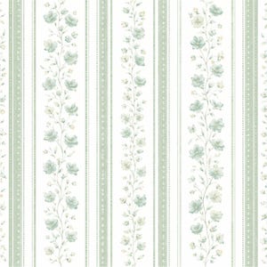 May include: Floral wallpaper featuring vertical stripes in white and soft green. Delicate vines with light blue flowers and small yellow accents run between the stripes, creating a classic, elegant design.