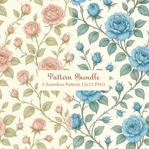 Vintage Roses Seamless Pattern Bundle – Blue & Pink Floral Digital Paper