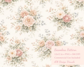 Floral Seamless Pattern 12x12 | Vintage Soft Flowers | Pastel Floral Background | scrapbooking