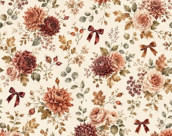 Autumn Floral Seamless Pattern, Vintage Fall Flowers & Bows, Digital Paper PNG