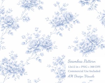 Blue Floral Digital Paper | Delicate Vintage Roses Commercial Use