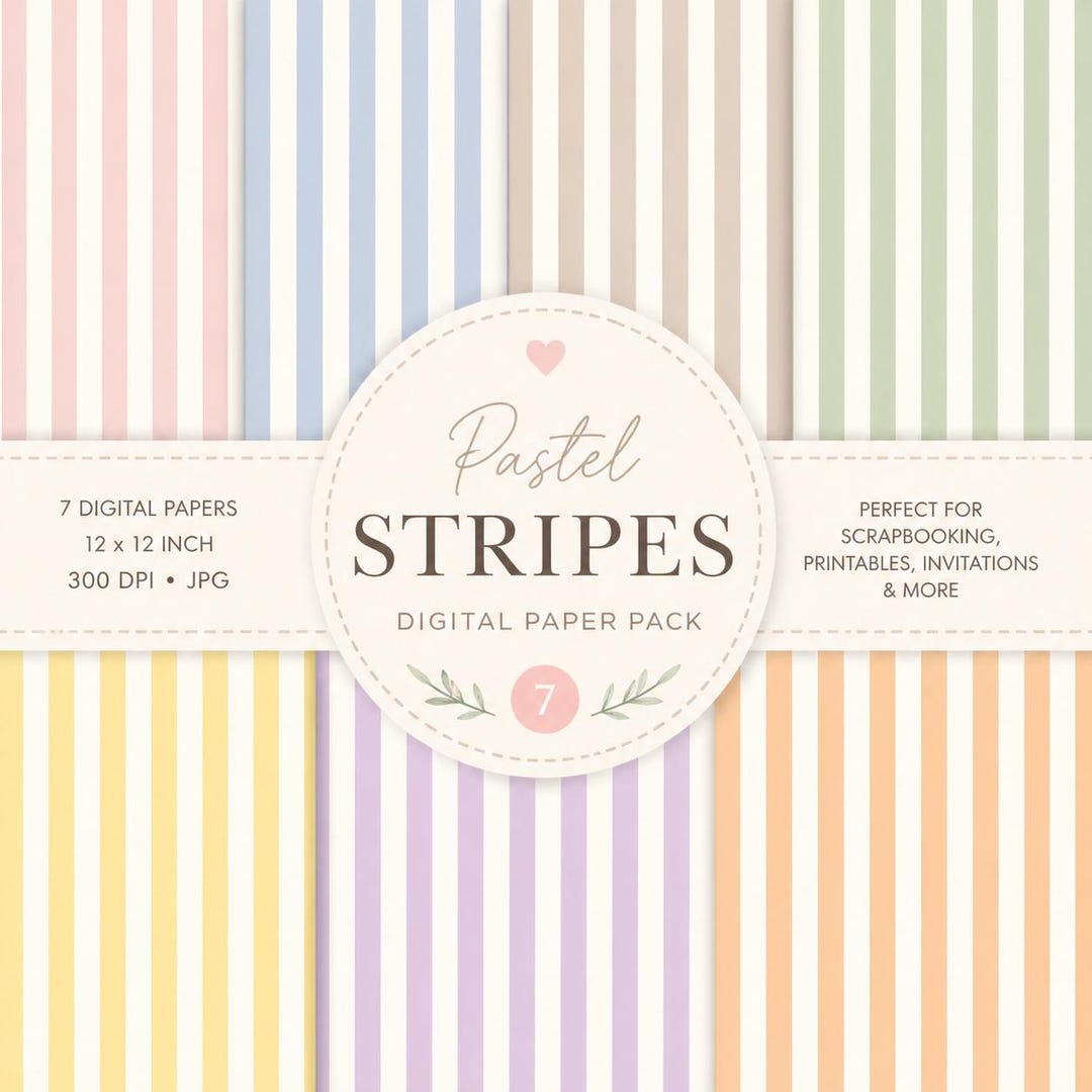 Pastel Stripe Digital Paper Pack, 7 Printable Papers, Minimal ...