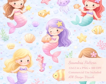 Baby Mermaid Seamless Pattern | Underwater Nursery Design (Digital Download)