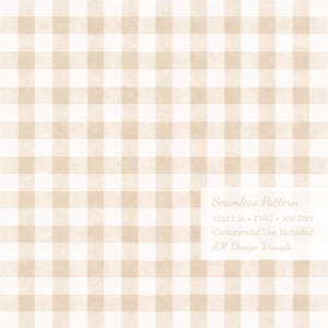 Può includere: Un motivo senza cuciture con un design a quadretti beige e bianco. Il motivo è composto da quadrati distanziati uniformemente, creando un'estetica classica e versatile. Il testo "Seamless Pattern" e "AM Design Visuals" è incluso.