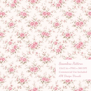Op de afbeelding: Naadloos patroon met een herhalend bloemmotief van roze rozen en kleinere bloemen op een crèmekleurige achtergrond. Het patroon bevat de tekst "Seamless Pattern" en "AM Design Visuals".