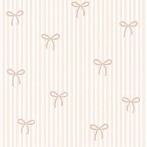 May include: A repeating pattern of light brown bows on a background of vertical stripes in alternating shades of beige and off-white. The bows are evenly spaced and add a delicate touch to the design.