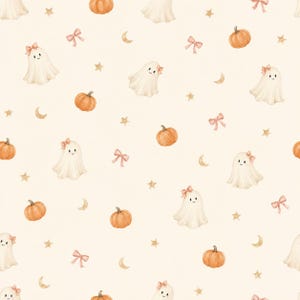 May include: A repeating pattern on a cream background featuring white ghosts with small pink bows, orange pumpkins, gold stars, crescent moons, and pink ribbons. The illustration style is soft and consistent across the entire surface.