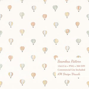 Peut inclure: Motif sans couture avec des montgolfières aux couleurs pastel répétées. Les ballons sont dans des tons de jaune, orange, vert et bleu, sur fond crème. L'image comprend le texte "Seamless Pattern" et "12x12 in."