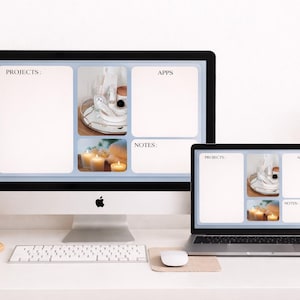 以下が含まれることがあります： デスクトップコンピュータとラップトップは、プロジェクト、アプリ、メモのセクションを備えたデジタルデスクトップオーガナイザーを表示します。オーガナイザーには、キャンドルと装飾トレイの画像が含まれています。コーヒーカップとキーボードが前景にあります。