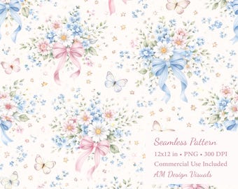 Pastel Floral Bows Butterflies Seamless Pattern  (Digital Download)
