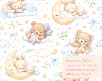 Baby Animal Seamless Pattern 12x12 PNG – Nursery Decor