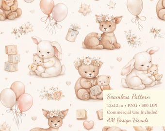 Baby Animals Digital Paper, Teddy Bear Bunny Deer Nursery Print (Digital Download)