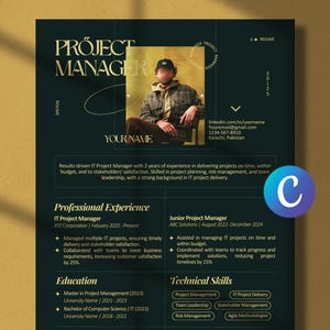 May include: A dark teal resume template with the title "Project Manager" and a photograph. The document details professional experience, education, and technical skills. Contact details are also provided, all set against a teal background.
