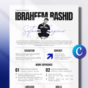 以下が含まれることがあります： ソフトウェアエンジニアの履歴書デザイン。太字で「IBRAHEEM RASHID」と記載。経験、学歴、連絡先、語学力、技術スキルを記載。右下に青い「C」ロゴ。全体的に白を基調としたデザイン。