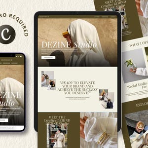 May include: A digital marketing and social media design concept, featuring a tablet, phone, and printed materials. The design uses a neutral color palette with the text "DEZINE Studio" and "READY TO ELEVATE YOUR BRAND AND ACHIEVE THE SUCCESS YOU DESERVE?"