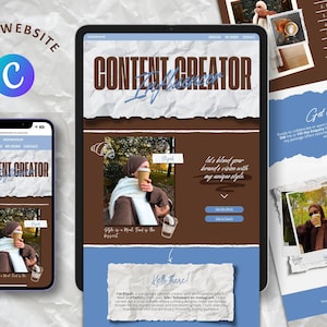May include: A digital marketing website design on a tablet and smartphone, with a matching brochure. The website features the text "Content Creator" in a brown and white color scheme, with a photo of a person holding a coffee cup.