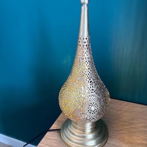 Moroccan Table Lamp, Handmade Brass or Copper Lamp, Night Light, Silver or Bronze Finish, Oriental Home Decor