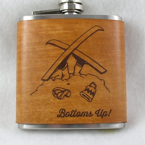 Ski & Snowboard Flasks with Hand Dyed Engraved Leather Wrap - Stainless Steel Flask. Ski Gift, Ski Trip - FREE Monogramming