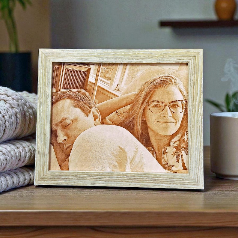 Photograph engraved into leather for a 3rd and 9th anniversary gift.