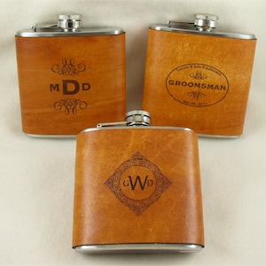 Set of 8 Groomsmen Gifts Handmade Leather Flasks Personalized Flask with FREE Backside Engraving image 2