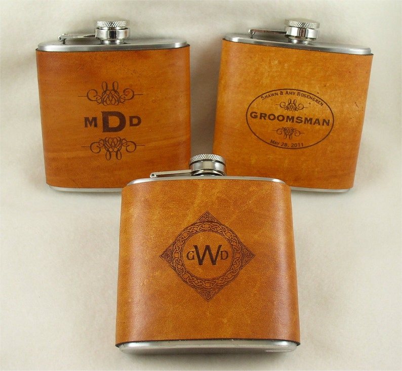 Set of 3 Groomsmen Gift Engraved Flask with Hand Dyed Engraved Leather Wrap 8 Ounce-