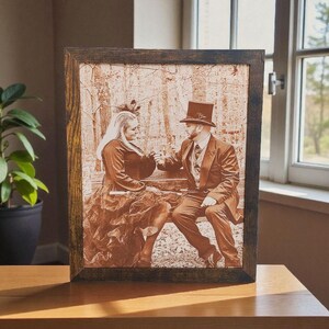 Photograph engraved into leather for a 3rd and 9th anniversary gift.