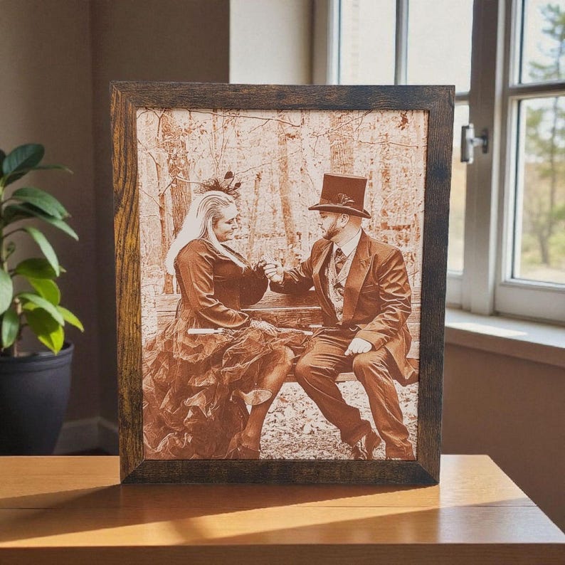 Photograph engraved into leather for a 3rd and 9th anniversary gift.