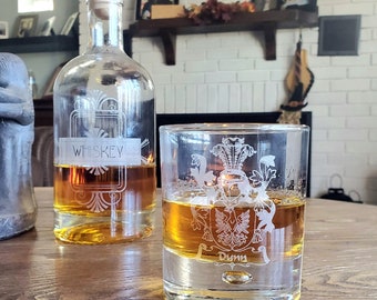 4 Whiskey Glasses with Decanter Set - Personalized Glasses and Decanter with Family Crest - Scotch Glass  - Bourbon - Whiskey - Liquor Set