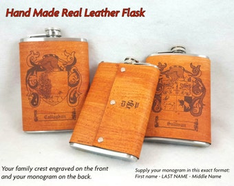 Qty of 2 Flasks with Family Crest Engraved in Leather - 8 ounce - FREE Monogramming