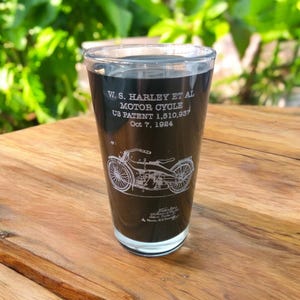 Motorcycle Patent Pint Glass - Engraved Glass - Beer Glass - Vintage Patent - Beer Mug - Pint Glass - Vintage Patent - Patent Gift - Bike