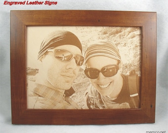 Photograph Engraved in REAL LEATHER - Wedding, 3rd Anniversary or Family Photos Engraved into Leather