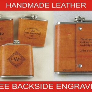 Set of 5 Flask - Personalized Flask, Groomsmen Flask - Handmade Leather Wrapped Flasks - FREE Engraved Note on Backside!