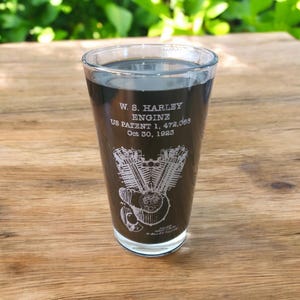 SET OF 4 Motorcycle Patent Pint Glass - Engraved Glass - Beer Glass - Vintage Patent - Beer Mug - Vintage Patent - Patent Gift - Bike