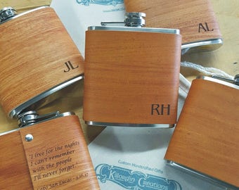 6 Groomsmen Flask with Hand Dyed Engraved Flask Leather Wrap - with FREE Engraved Message on Backside!