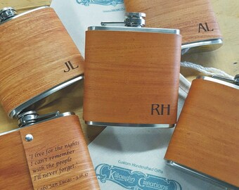 Set of 7 Engraved Flask, Groomsmen Personalized Flask with Hand Dyed Engraved Leather Wrap - with FREE Engraved Message