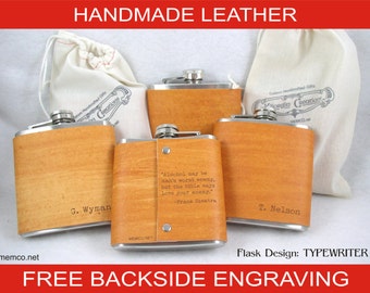 Set of 6 Groomsman Gift for the Wedding Party Leather Flask Personalized Wedding Flask with FREE Backside Engraving!