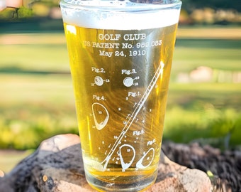 Golf Patent Pint Glass - Engraved Glass - Golfer Gift - Beer Glass - Gift for Dad - Groomsmen Gift - Home Bar - 19th Hole